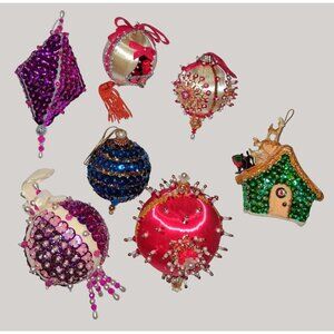 Vintage pushpin Handmade Sequin & Beaded Christmas Ornaments Set Of 7